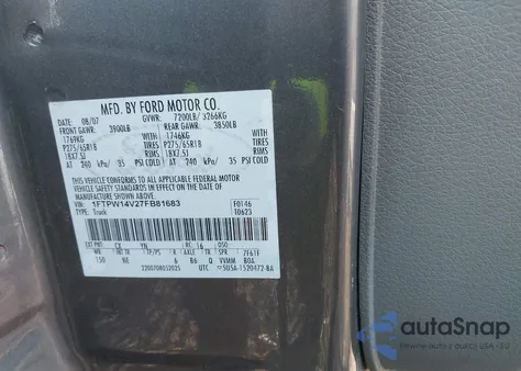 2007 Ford F-150 Fx4/Lariat/Xlt из США, поврежденный, VIN 1FTPW14V27FB81683